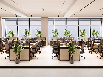 Modern Public Office Space With Open Layout Multiple Workstations Green Plants And Large Windows 3d model