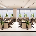 Modern Public Office Space With Open Layout Multiple Workstations Green Plants And Large Windows