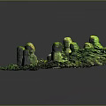 Ancient Stone Statues Arrangement With Circular Mossy Platform And Green Plants