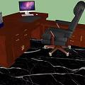 Wooden Office Desk Setup With Black Leather Chair Laptop And Bookshelf On Marble Carpet
