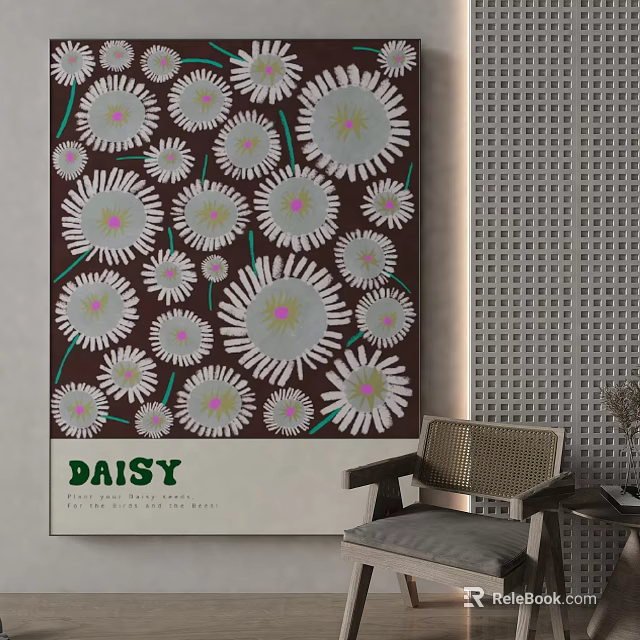 Daisy Themed Wall Art With Brown Background White Pink Flowers In Room Decor 3d model 