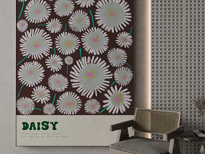 Daisy Themed Wall Art With Brown Background White Pink Flowers In Room Decor 3d model