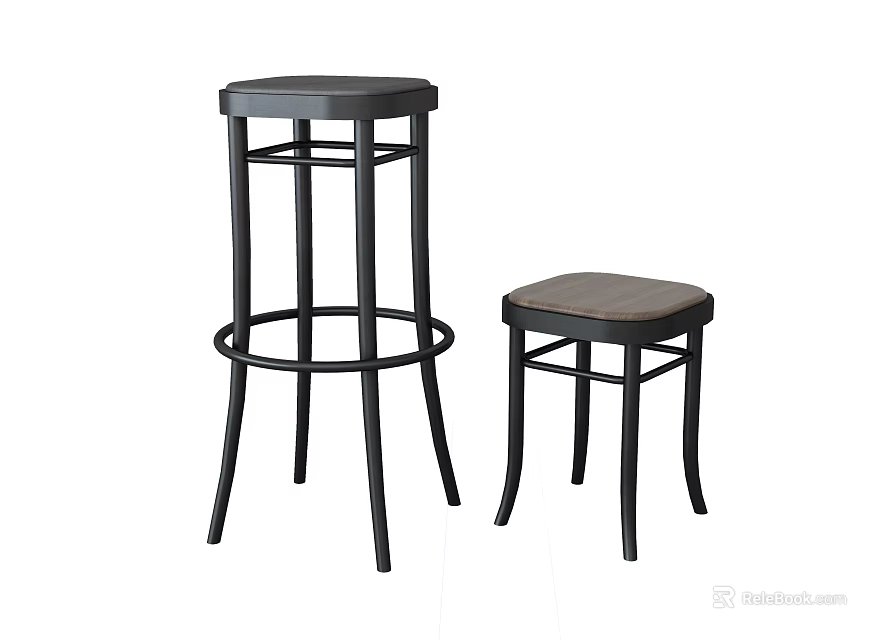 Modern Bar Stools With Black Metal Frame And Wooden Seat In Two Heights 3d model 