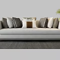Modern White Sectional Sofa With Multiple Patterned Pillows Side Table And Green Plant 3d model