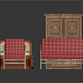 Wooden Bedroom Furniture Set With Bed Red Checkered Chairs Sofa And Cabinet