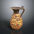 Carved Decorative Pottery Jug with Intricate Traditional Patterns and Ornate Handle
