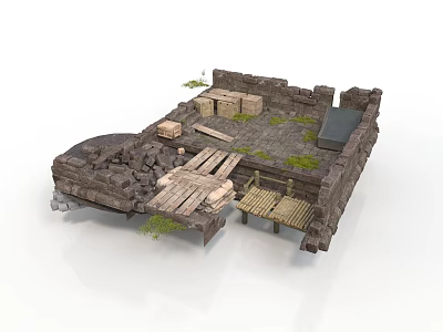 Modern Outdoor Structure With Stone Walls Wooden Planks And Green Plants 3d model
