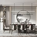Modern Chinese Restaurant Interior With Circular Landscape Painting Dining Table And Chairs