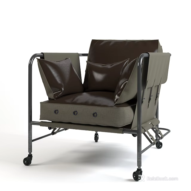 Modern Single Armchair With Metal Frame Wheels Dark Brown Leather Cushions And Light Gray Seat 3d model 