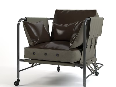 Modern Single Armchair With Metal Frame Wheels Dark Brown Leather Cushions And Light Gray Seat 3d model