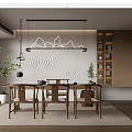 Tea Room Interior Design With Wooden Table Chairs Circular Wave Wall Pendant Light And Plants