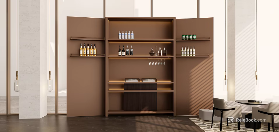 Modern Brown Decorative Cabinet With Glass Shelves Wine Bottles And Wine Glasses 3d model 