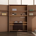 Modern Brown Decorative Cabinet With Glass Shelves Wine Bottles And Wine Glasses