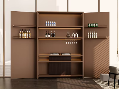 Modern Brown Decorative Cabinet With Glass Shelves Wine Bottles And Wine Glasses 3d model