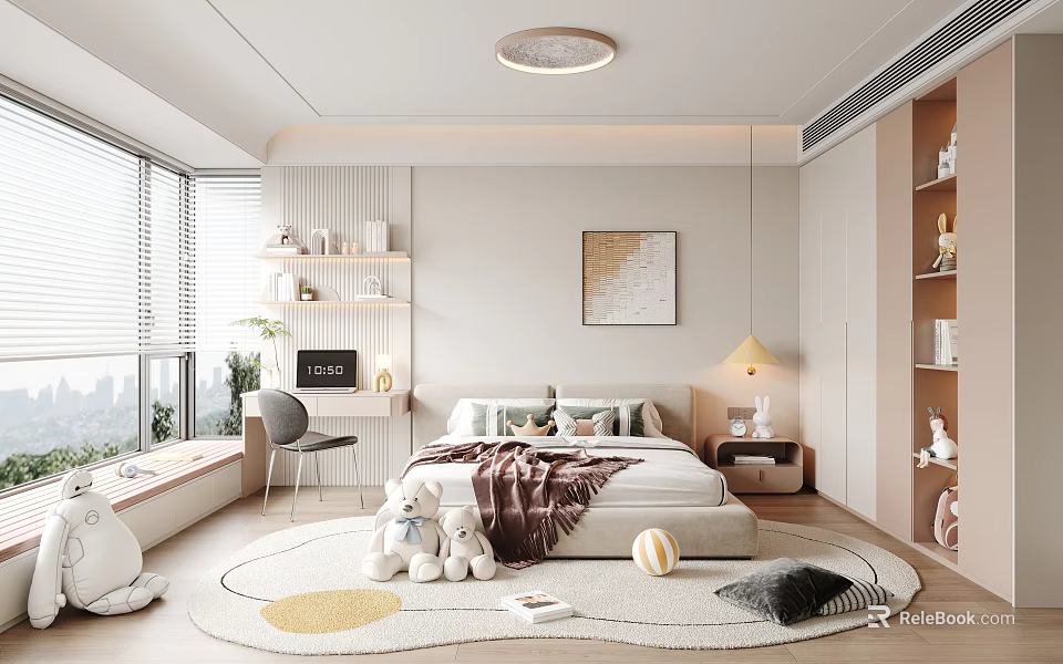 Modern Kids Room Interior With Plush Toys Round Rug Wooden Desk And Decorative Art 3d model 