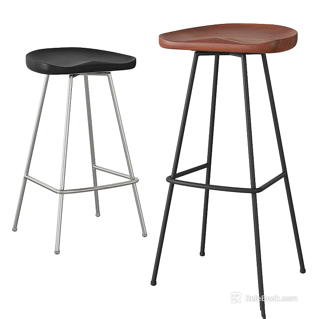 Two Modern Bar Stools With Black Brown Seats And Metal Legs Design 3d model 