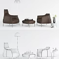 Brown Leather Armchairs In Living Room With Wooden Wall Coffee Table And White Flowers