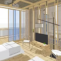 Hotel Guest Room with Comfortable Bed Large Windows Scenic Balcony Wooden Accents and Relaxing Chair