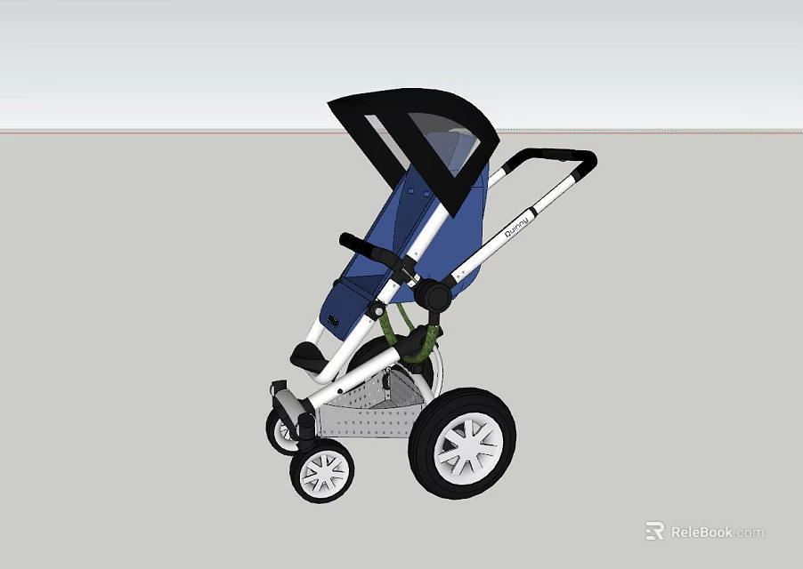 Modern Baby Stroller With Black Canopy Blue Seat White Frame And Wheels 3d model 