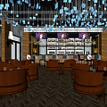 Bar Interior With Blue Butterfly Pendant Lights Brown Leather Chairs Herringbone Flooring And Wine Racks