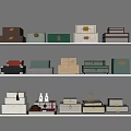 Various Colored Styled Storage Boxes On White Shelves For Home Decor