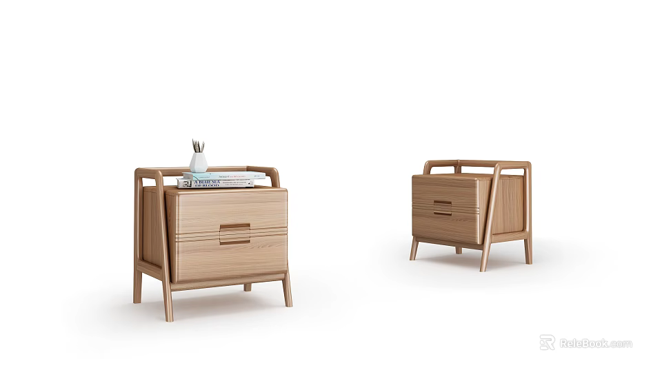 Two Modern Minimalist Wooden Bedside Tables With Drawers And Books Vase On Top 3d model 