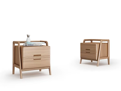 Two Modern Minimalist Wooden Bedside Tables With Drawers And Books Vase On Top 3d model