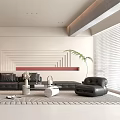 Modern Living Dining Room Interior With Black Leather Sofa Area Rug And Coffee Table