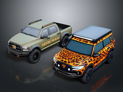 Military Green Blazer Force Truck And Orange Leopard Print SUV With Gray Roof 3d model