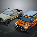 Military Green Blazer Force Truck And Orange Leopard Print SUV With Gray Roof