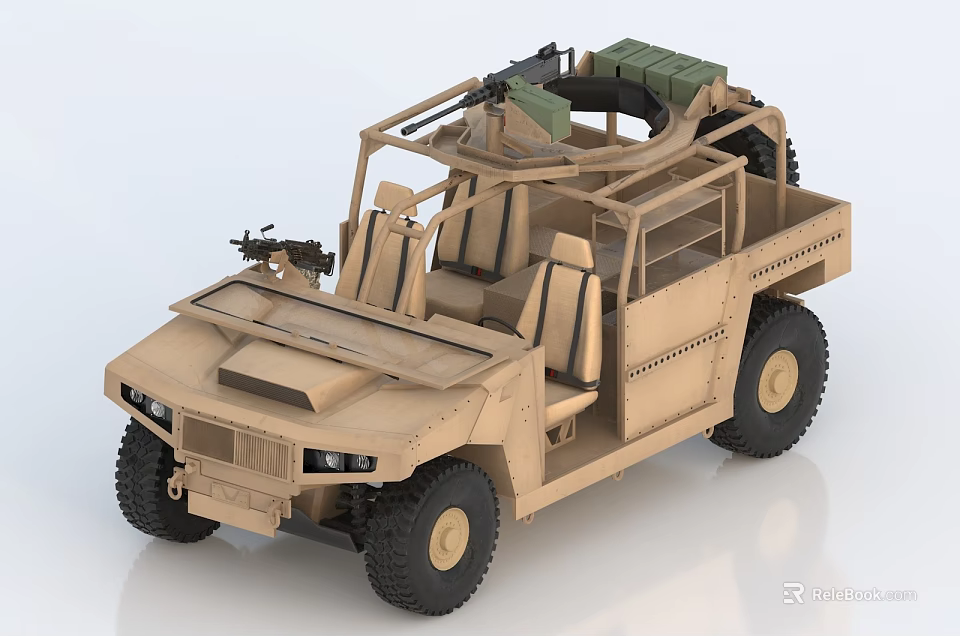 Military Style Open Top Utility Vehicle With Mounted Machine Gun And Off Road Tires 3d model 