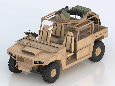 Military Style Open Top Utility Vehicle With Mounted Machine Gun And Off Road Tires 3d model