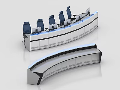 Modern Monitoring Room Setup With Curved Console Multiple Monitors And Chairs 3d model