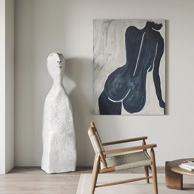 White Abstract Carved Sculpture in Modern Interior with Artwork and Chair 3d model