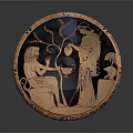 Round Ancient Greek Ceramic Plate Featuring Intricate Figure Carving And Decorative Patterns