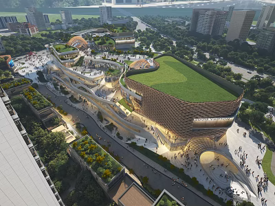 Modern Commercial Complex With Green Roof And Urban Pedestrian Activity Spaces 3d model