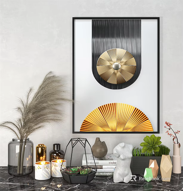 Modern Luxury Decorative Painting With Black Frame Gold Circular Fan Shaped Patterns And Decorations 3d model 