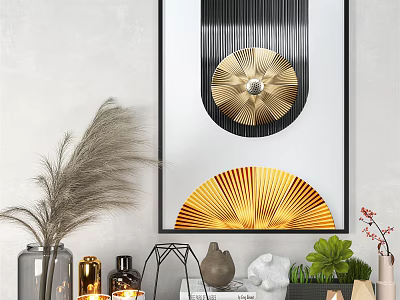 Modern Luxury Decorative Painting With Black Frame Gold Circular Fan Shaped Patterns And Decorations 3d model