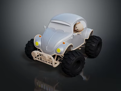 Electric Toy Car With Beetle Design And Big Monster Wheels Featuring Teddy Bear Inside 3d model