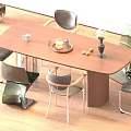 Modern Wood Dining Table Set With Black Green Chairs Coffee Cup Fruit Plate Flower Vase