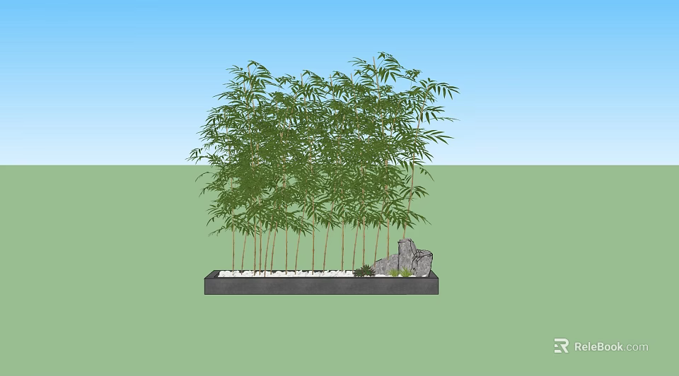 Tall Green Bamboo Plants In Rectangular Planter With Natural Stones Outdoor 3d model 