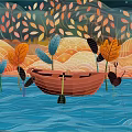 Cartoon Scene With Red Boat on Blue Wavy Water and Colorful Leaves Around Plants