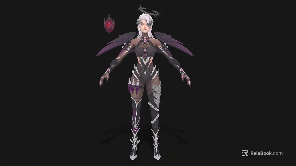 Fantasy Woman With Purple Wings Feathered Headpiece And Black Purple Outfit Standing Pose 3d model 