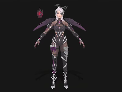 Fantasy Woman With Purple Wings Feathered Headpiece And Black Purple Outfit Standing Pose 3d model