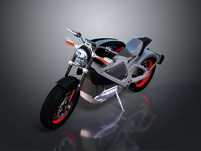 Modern Motorcycle With Silver Body Red Rims And Black Seat On Reflective Surface 3d model