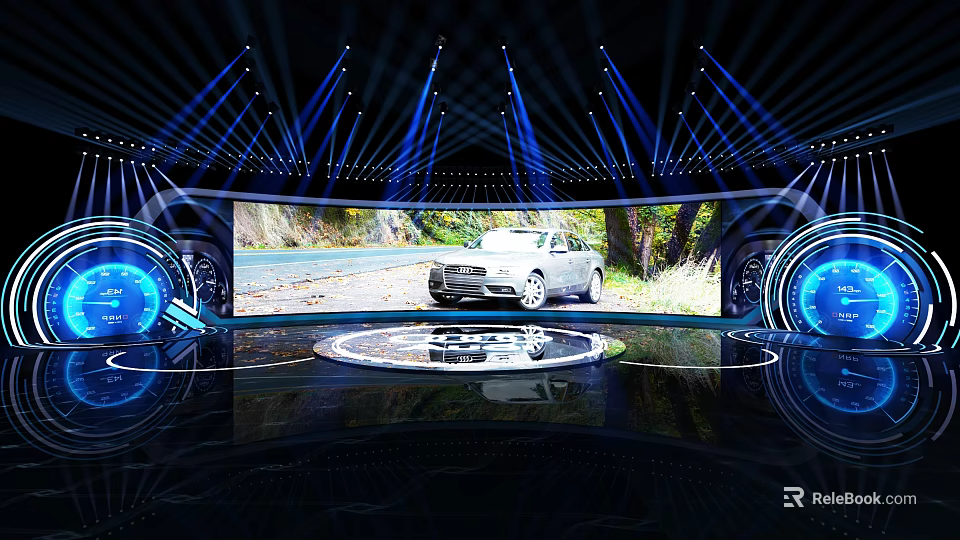 Commercial Equipment For Car Display Stage With Blue Lighting And Large Screen 3d model 