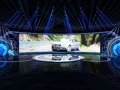 Commercial Equipment For Car Display Stage With Blue Lighting And Large Screen 3d model