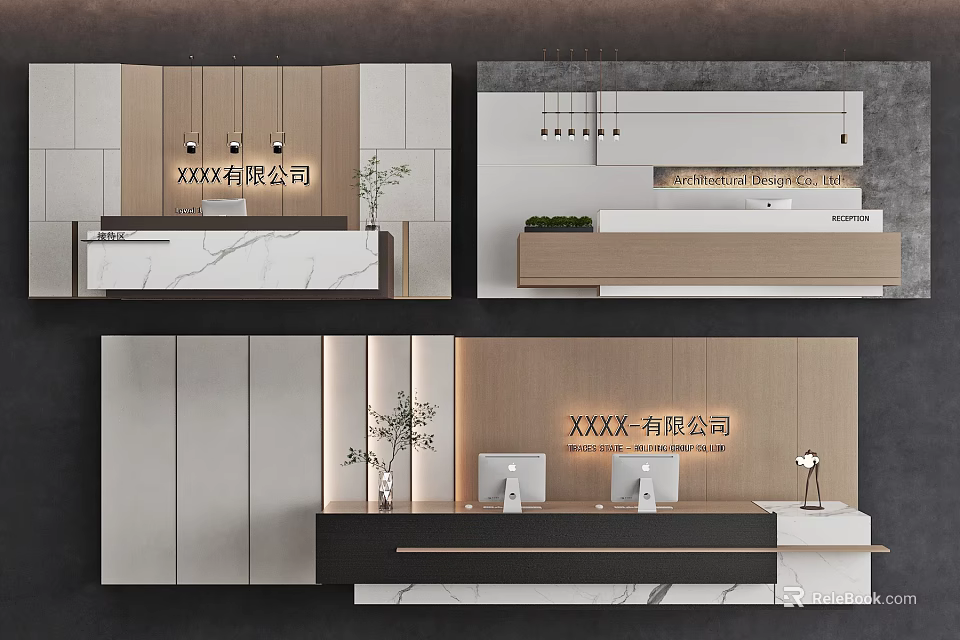 Modern Elegant Reception Background Wall With Wooden Panel Marble And Company Logo Lights 3d model 