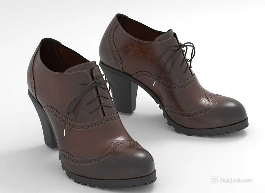 Brown Leather Oxford Style High Heel Shoes With Lace Up Brogued Detailing And Block Heel 3d model 