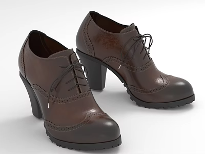 Brown Leather Oxford Style High Heel Shoes With Lace Up Brogued Detailing And Block Heel 3d model